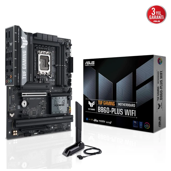 ASUS TUF GAMING B860-PLUS WIFI, 4xDDR5, 3xM.2, HDMI, DP, Wi-Fi 7, Bluetooth v5.4, Intel Core Ultra CPU(Seri 2), LGA1851 Soket, Gaming Anakart