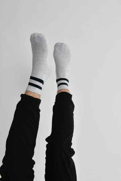 Gri Fitilli Siyah Çizgi Desenli Pamuklu  Spor Unisex Çorap - 2