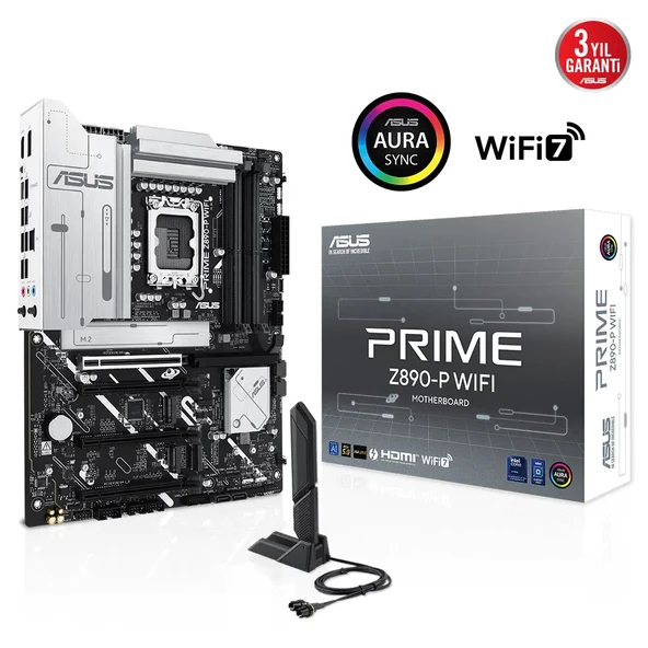 ASUS PRIME Z890-P WIFI, 7600MHz, 4xDDR5 4x M.2, HDMI, DP, 1xThunderbolt, 4xType-C, Wi-Fi 7, Bluetooth 5.4, Intel Core Ultra CPU(Seri 2), LGA1851 Soket, Gaming Anakart