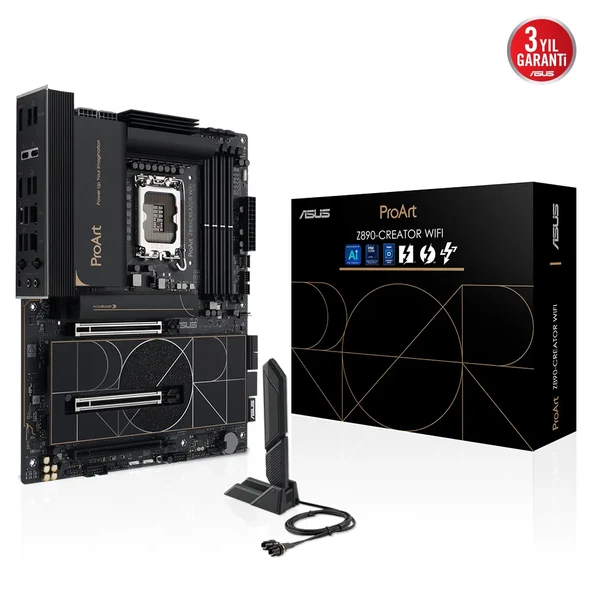 ASUS PROART Z890-CREATOR WIFI, 9066MHz OC, 4xDDR5 5x M.2, HDMI, DP, Type-C, Wi-Fi 7, Bluetooth 5.4, Intel Core Ultra CPU(Seri 2), LGA1851 Soket, Anakart