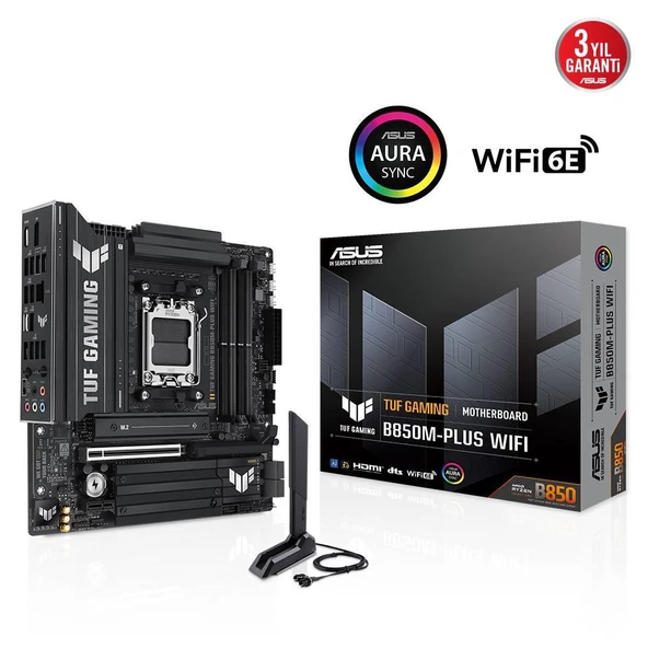 ASUS TUF GAMING B850M-PLUS WIFI, 4xDDR5, 3x M.2, HDMI, DP, Type-C, Wi-Fi 6E, Bluetooth v5.3, AMD Ryzen 9000 Serisi, AM5 Soket Anakart