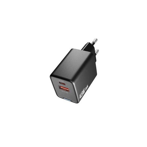 Hytech HY-XEG45 Type USB-C 45W PD + 18W USB QC 3.0 GAN Siyah Hızlı Ev Şarj Adaptörü