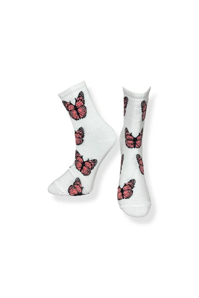 Tekli Unisex Kelebek Desenli Beyaz Renkli Esnek Nem Alabilen Pamuklu Çorap - Resim 3