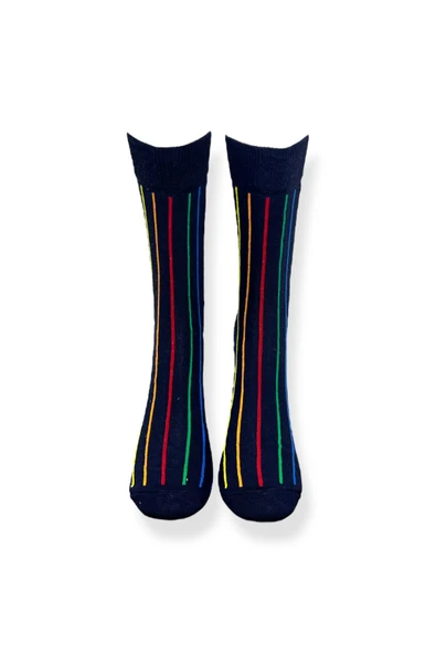 Tekli Unisex Çizgili Lacivert Renkli Esnek Nem Alabilen Pamuklu Çorap - Resim 4