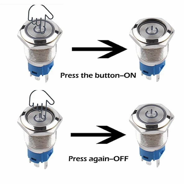 16mm Kırmızı Power Sembol Ledli Kablolu Kilitlemeli Tip Metal Button Latch Panel Montaj Düz Kafa COM NO NC DC 6A 12V IP67 Su Geçirmez Paslanmaz Çelik Düğme Start Kontrol Otomasyon - 9