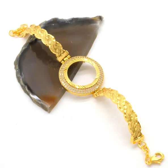 Yarım Altın Çerçeve Bileklik Çelik Altın Kaplama Örgü Model -BLZ-625 - Resim 3