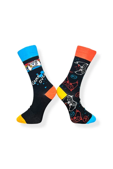 Tekli Unisex Game Desenli Siyah Renkli Esnek Nem Alabilen Pamuklu Çorap - Resim 2