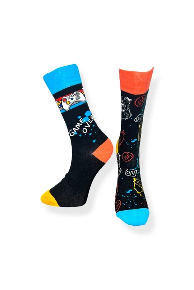 Tekli Unisex Game Desenli Siyah Renkli Esnek Nem Alabilen Pamuklu Çorap - Resim 3