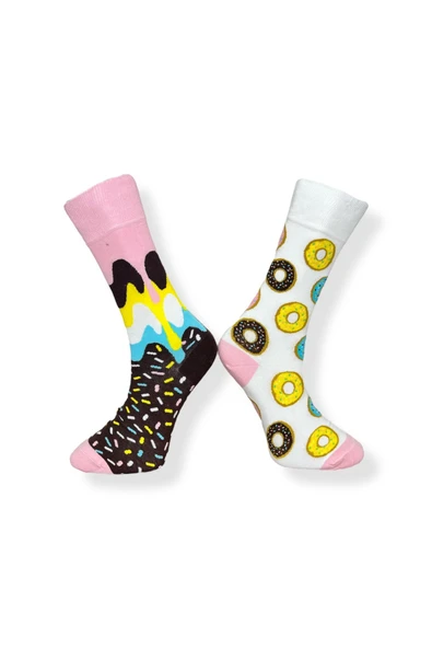 Tekli Unisex Donut Desenli Beyaz Renkli Esnek Nem Alabilen Pamuklu Çorap - Resim 2