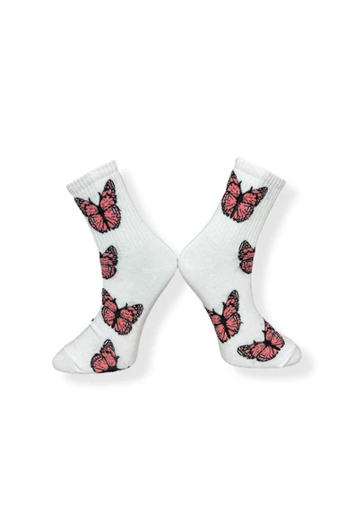Tekli Unisex Kelebek Desenli Beyaz Renkli Esnek Nem Alabilen Pamuklu Çorap - Resim 2