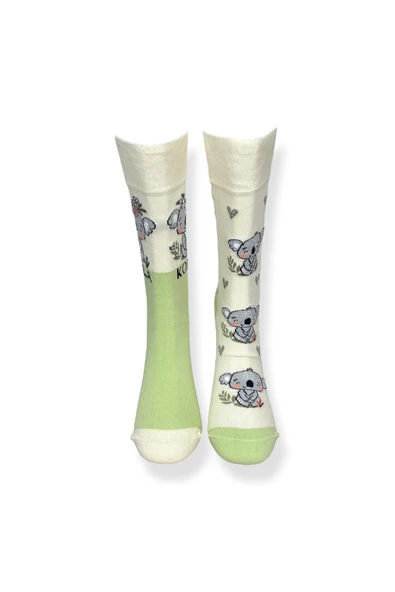 Tekli Unisex Koala Desenli Beyaz Renkli Esnek Nem Alabilen Pamuklu Çorap - 4