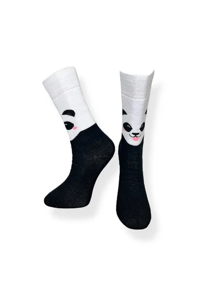 Tekli Unisex Panda Desenli Siyah Renkli Esnek Nem Alabilen Pamuklu Çorap - 3