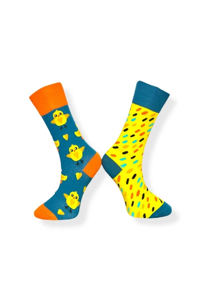 Tekli Unisex Civciv Desenli Sarı Renkli Esnek Nem Alabilen Pamuklu Çorap - Resim 2