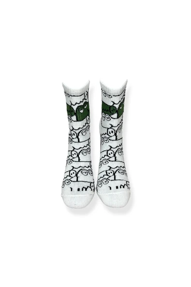 Tekli Unisex Timsah Desenli Beyaz Renkli Esnek Nem Alabilen Pamuklu Çorap - Resim 4