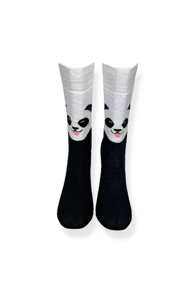 Tekli Unisex Panda Desenli Siyah Renkli Esnek Nem Alabilen Pamuklu Çorap - 4