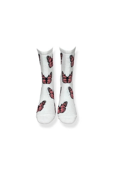 Tekli Unisex Kelebek Desenli Beyaz Renkli Esnek Nem Alabilen Pamuklu Çorap - Resim 4