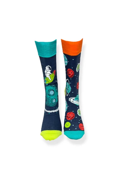 Tekli Unisex Galaksi Desenli Lacivert Renkli Esnek Nem Alabilen Pamuklu Çorap - Resim 4