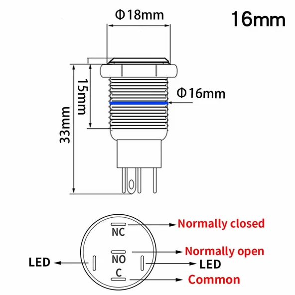 16mm Kırmızı Power Sembol Ledli Kablolu Kilitlemeli Tip Metal Button Latch Panel Montaj Düz Kafa COM NO NC DC 6A 12V IP67 Su Geçirmez Paslanmaz Çelik Düğme Start Kontrol Otomasyon - 8