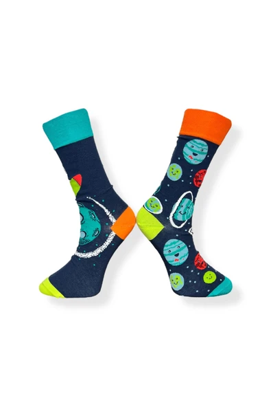 Tekli Unisex Galaksi Desenli Lacivert Renkli Esnek Nem Alabilen Pamuklu Çorap - Resim 2