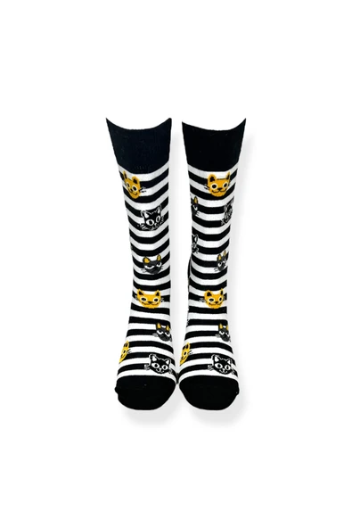 Tekli Unisex Kedi Desenli Siyah Renkli Esnek Nem Alabilen Pamuklu Çorap - Resim 4