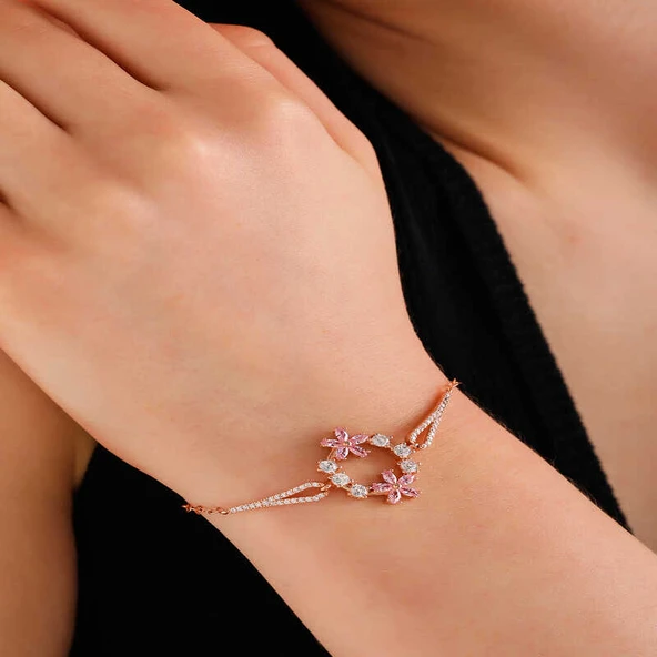 Gümüş Rose Pembe Çiçek Kadın Bileklik SL6003 ürün görseli