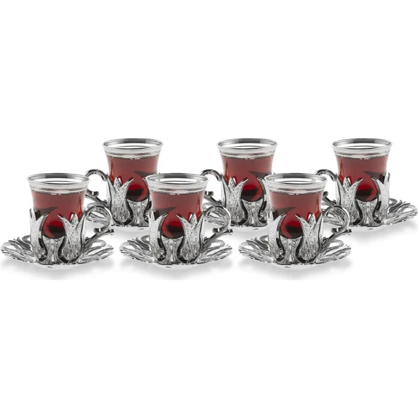 Hanedan 6 Kişilik 18 Parça Gümüş Renk Çay Bardağı Sunum Seti