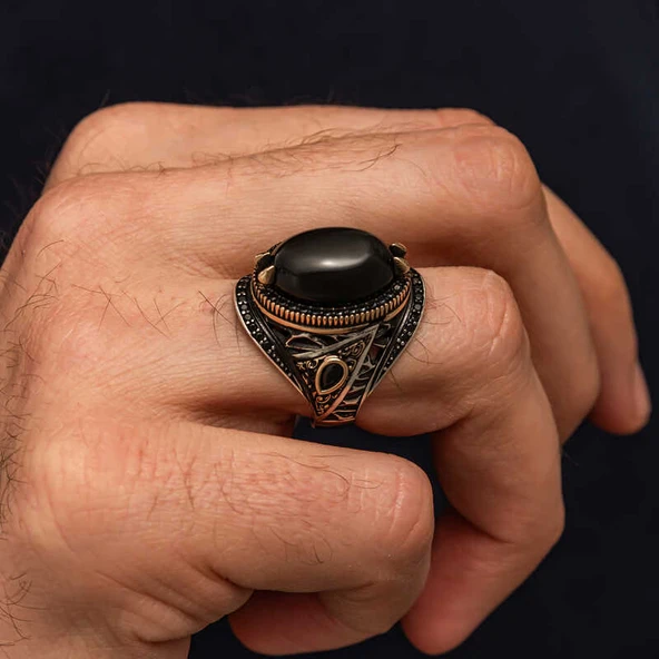Gümüş Oniks Taşlı Erkek Yüzük SL10081 - Resim 10