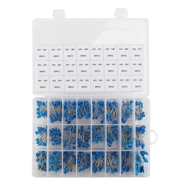 700 Adet Kutulu Yüksek Voltaj Kapasitör Seti 1KV 24 Çeşit Seramik Yüksek Voltaj 2pF 10pF 18pF 22pF 33pF 47pF 56pF 68pF 100pF 150pF 220pF 330pF 470pF 560pF 680pF 1nF 2.2nF 3.3nF 4.7nF 5.6nF 6.8nF