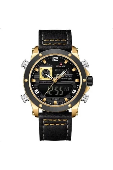 Naviforce Dijital & Analog Siyah Deri Kordon Erkek Kol Saati NF2148