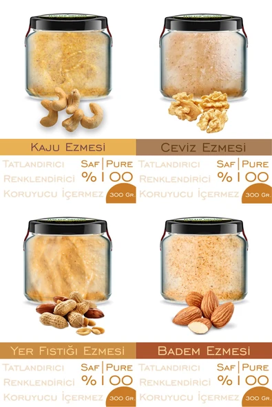 4 Çeşit %100 Saf Ezme Kaju Ezmesi Ceviz Ezmesi Fıstık Badem Ezme Bi Kavanoz 330 cc. Cam Kavanozlarda ürün görseli