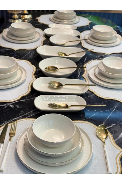 Onedekor  31 Parça Modern Kabartma Desen Yemek Takımı Gold - 5