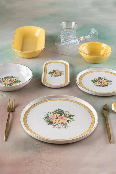 ACAR  Larosa 6 Kişilik 27 Parça Sarı Beyaz Çiçek Desenli Gold Yaldız Yemek Takımı 5128 - 4
