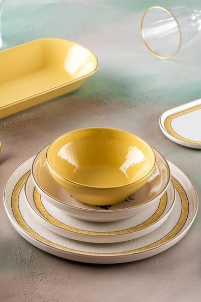 ACAR  Larosa 6 Kişilik 27 Parça Sarı Beyaz Çiçek Desenli Gold Yaldız Yemek Takımı 5128 - 2