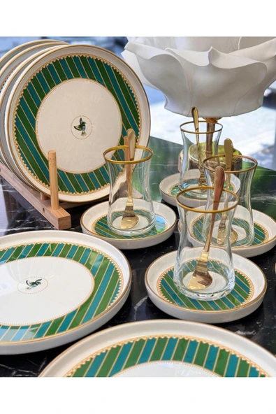 Onedekor 18 Parça Modern Piano Bird Green Pasta Çay Saati Seti