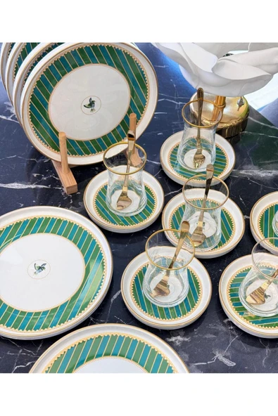 Onedekor 18 Parça Modern Piano Bird Green Pasta Çay Saati Seti - 2