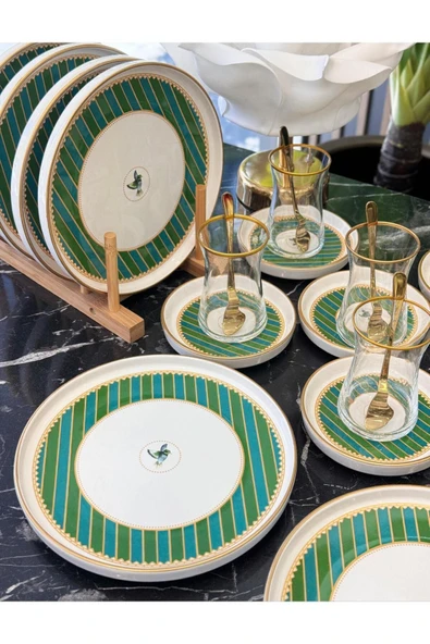Onedekor 18 Parça Modern Piano Bird Green Pasta Çay Saati Seti - 5