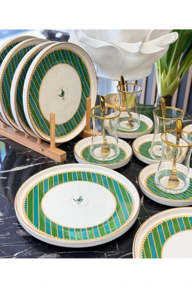 Onedekor 18 Parça Modern Piano Bird Green Pasta Çay Saati Seti - 6