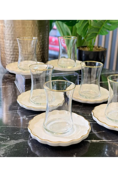 Onedekor  12 Parça 6 Kişilik Modern Gold Daisy Çay Takımı - 2