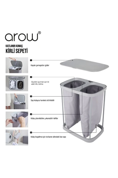 AROW  Garb 2 Bölmeli Katlanabilir Kumaş Çamaşır Sepeti 90 Lt - 7
