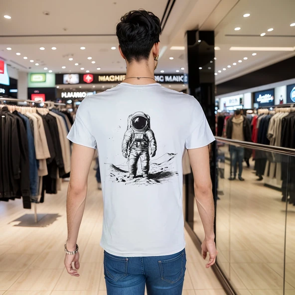 Astronaut T-shirt %100 Pamuklu Beyaz Penye Basic Erkek Tişört - Resim 4
