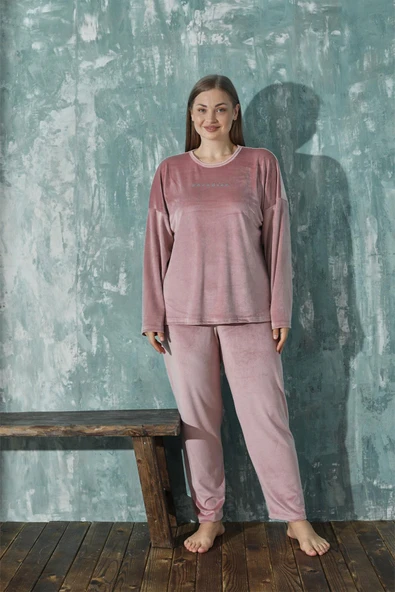 Gd Goldoremi 13208-4 Kadın Büyük Beden Kadife Uzun Kollu Pijama Takımı - 2