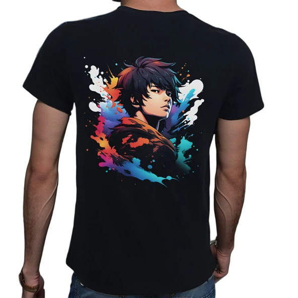 Splash Anime T-shirt %100 Pamuklu Siyah Penye Basic Erkek Tişört - Resim 2