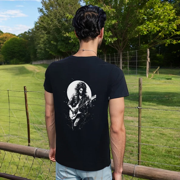 To The Moon And Back T-shirt %100 Pamuklu Siyah Penye Basic Erkek Tişört - Resim 3