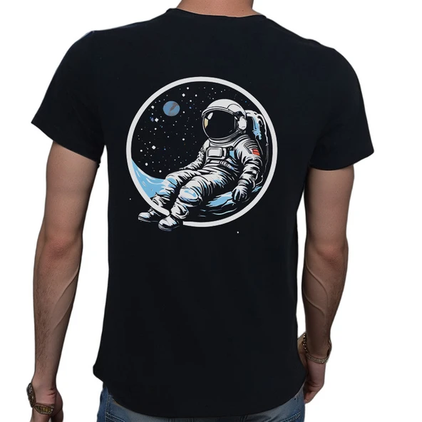 Man On The Moon T-shirt %100 Pamuklu Siyah Penye Basic Erkek Tişört - Resim 2