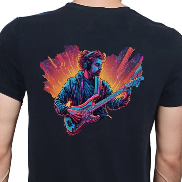 Neon Guitar T-shirt %100 Pamuklu Siyah Penye Basic Erkek Tişört