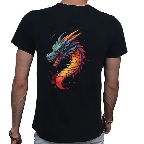 Splash Dragon T-shirt %100 Pamuklu Siyah Penye Basic Erkek Tişört - Resim 3