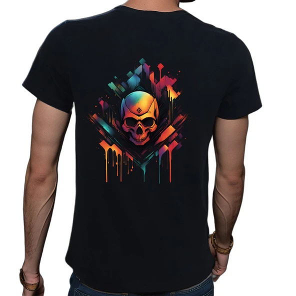 Skull T-shirt %100 Pamuklu Siyah Penye Basic Erkek Tişört - Resim 2