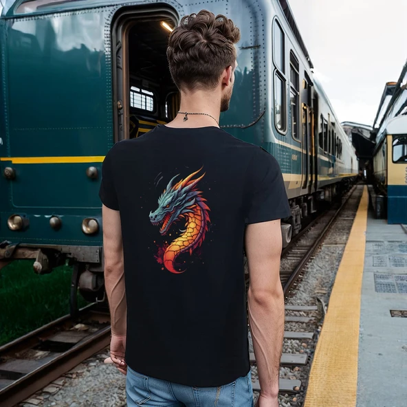 Splash Dragon T-shirt %100 Pamuklu Siyah Penye Basic Erkek Tişört - Resim 5