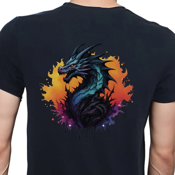 Splash Dragon T-shirt %100 Pamuklu Siyah Penye Basic Erkek Tişört