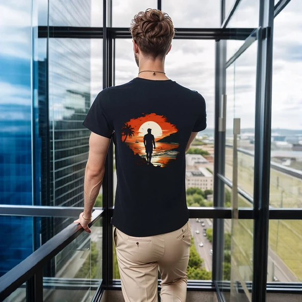 Man On Island T-shirt %100 Pamuklu Siyah Penye Basic Erkek Tişört - Resim 4